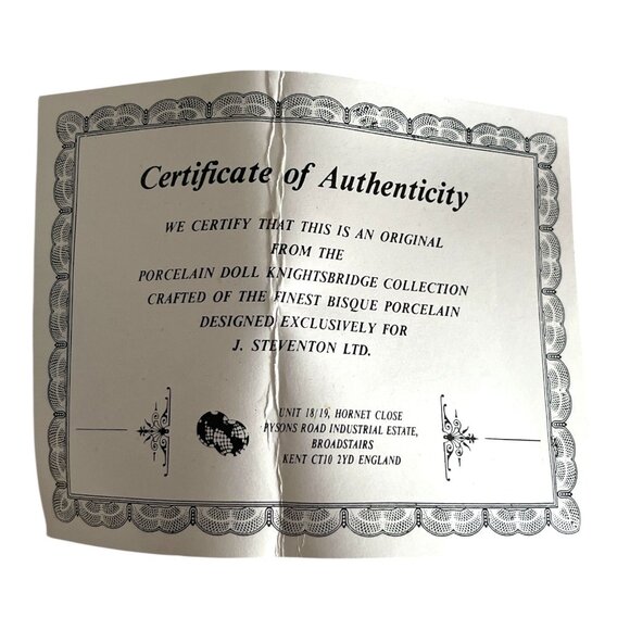 Knightsbridge Collection Porcelain Doll by J. Steventon Ltd with Stand, Box & Ce - Picture 9 of 9